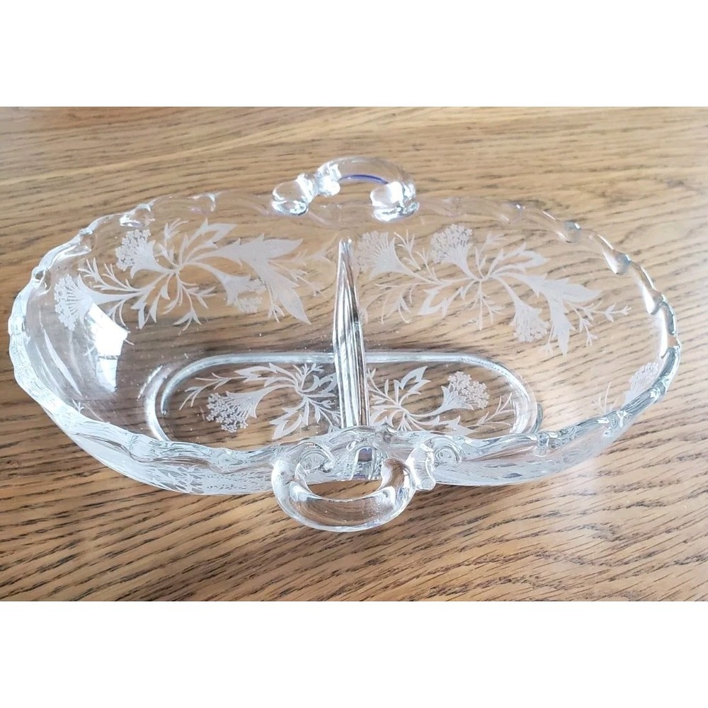 Fostoria Century Heather Etched 2 Part Divided Relish Dish Side Handled 7.5" X 6